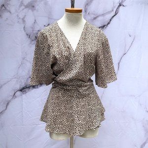 Bobeau Leopard Print Wrap Top Tunic Blouse Size L
